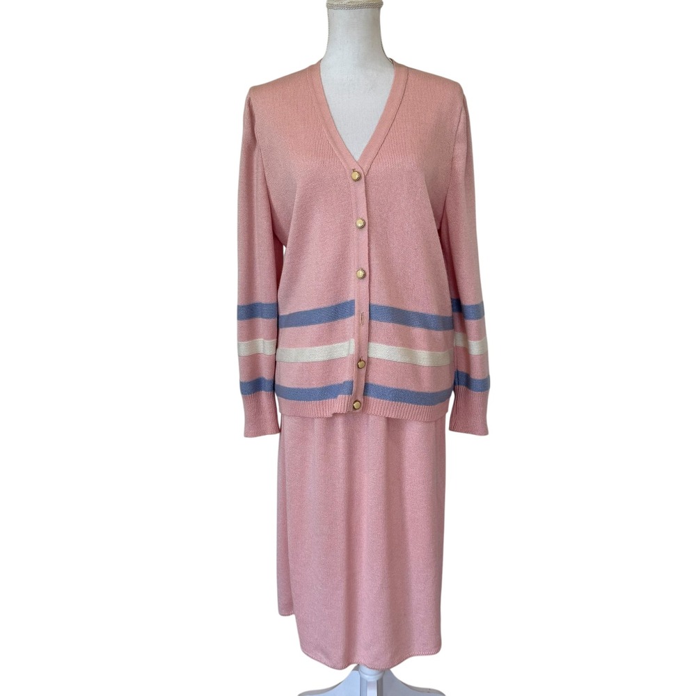 Vivanti Vintage Pink Knit Skirt Suit Cardigan Set Striped Size 14 Made‎ in USA